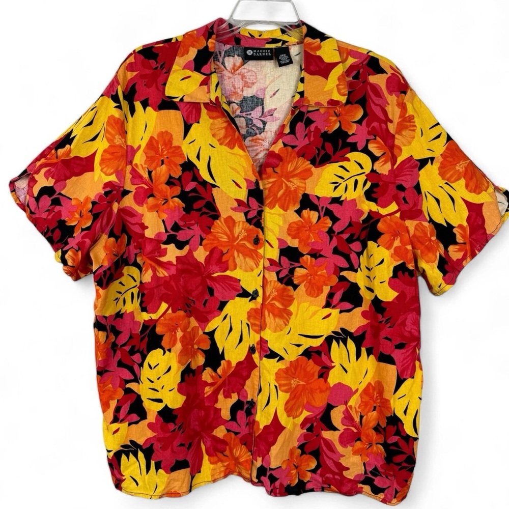 Maggie Barnes Womens Linen Blend Button Down Shirt Multicolored Plus Size 28W
